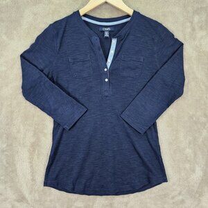 Chaps Henley Shirt Women's Size S Blue Buttons Pockets Long Sleeve Pullover